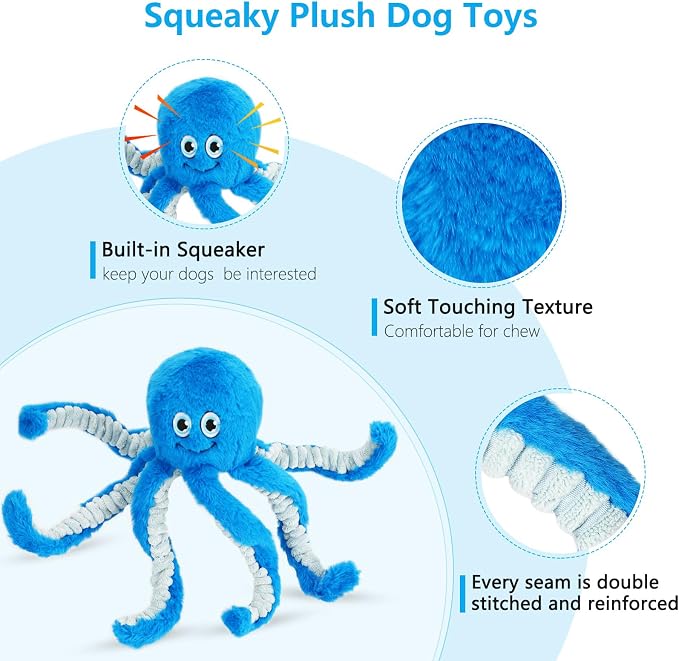 Dog Toys with Crinkle Paper- Octopus Stuffed Dog Squeak Toy Interactive Tug of War Puppy Toys for Small, Medium, Large Dogs
