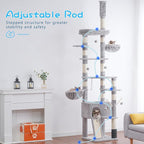 Hey-brother Cat Tree Tower, Adjustable Height, Floor to Ceiling, MPJ091W | 94.5-106.3 Inches Multi-Level Cat House, Scratching Posts, Plush Condo, Platform, Toy Ball for Indoor Big Cats, Light Gray