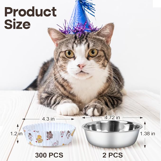Bulk Disposable Cat Bowls Set (300 Pcs Cat Food Bowl Liners + 2 Pcs Stainless Steel Pet Bowls) Small Paper Bowls for Puppy Kitten Small Dogs and Cats, Ideal for Dry & Wet Food (White, Cat Paw Print)
