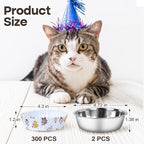 Bulk Disposable Cat Bowls Set (300 Pcs Cat Food Bowl Liners + 2 Pcs Stainless Steel Pet Bowls) Small Paper Bowls for Puppy Kitten Small Dogs and Cats, Ideal for Dry & Wet Food (White, Cat Paw Print)