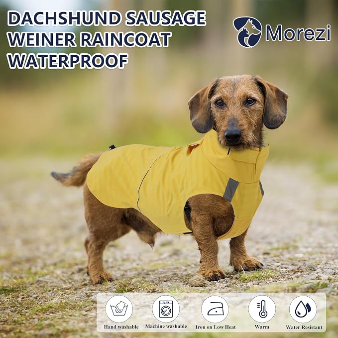 Dachshund Raincoat Weiner Dog Clothes Suitable for Dachshunds Corgi, Weiner, Dog Waterproof Coat with Reflective Stripe underbelly Protection - Yellow - L