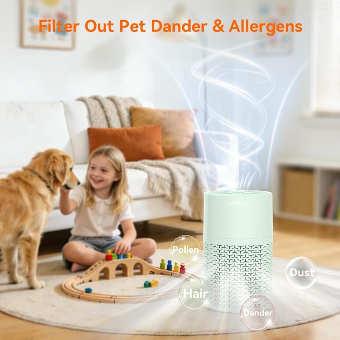 AIRROMI Pets Air Purifier for Home Allergies,Up to 660 ft². HEPA Deodorizing Activated Carbon Filter,With Fragrance Sponge for Better Sleep,Night Light,Pet Dander,Smoke,Odors,Air Cleaner A2002 Green