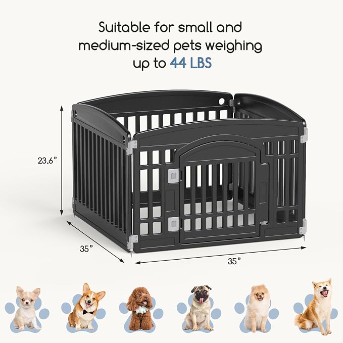 DUMOS Dog Playpen 4 Panels 24" Plastic Exercise Indoor Pen with Door Small Puppy, Medium Dogs Animal Pet Fence for Outdoor, Garden, Yard, RV Camping, Black