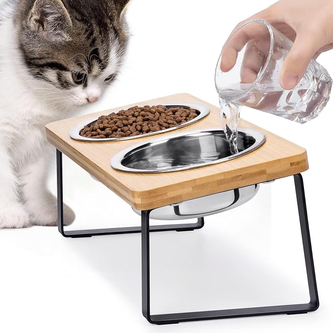 Elevated Cat Food Bowl for Indoor Cats, Raised Water Bowl Set for Kitten | Whisker Friendly, Anti Vomit, Easy Assembly, Bamboo, Dishwasher Safe, Stainless Steel, Pet Dish, Feeding Station for Puppy