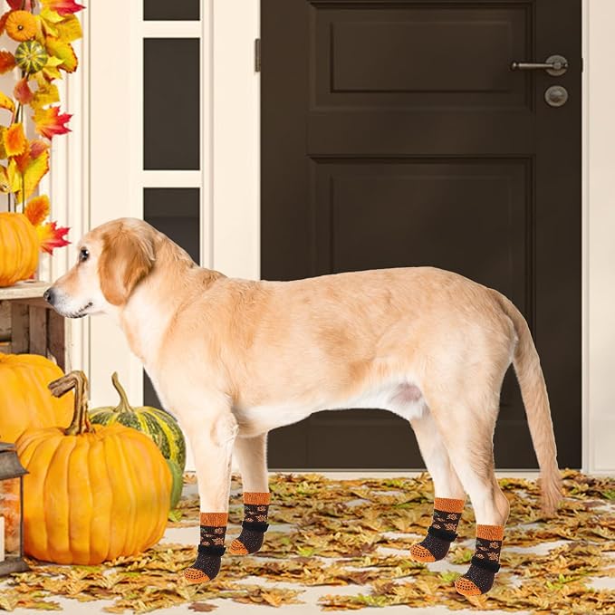 KOOLTAIL Thanksgiving Anti Slip Dog Socks for Hot/Cold Pavement to Prevent Licking Paws, Fall Dog Boots&Paw Protector with Grippers for Hardwood Floors, Traction Booties for Small Medium Large Dog, SM