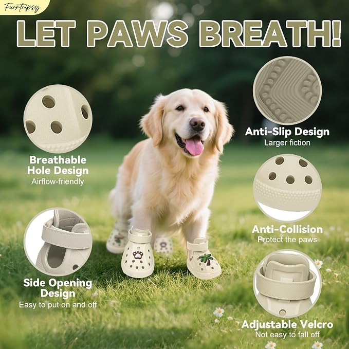 Dog Shoes,Non-Slip Waterproof Sandals for Hot Pavement, Breathable Perforated Boots,Adjustable Straps Dog Rain Booties for Summer Beach and Rainy Day(Beige,#5)
