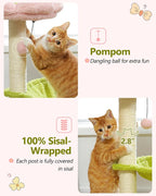 MUTTROS Flower Cat Tree, 28" Cat Tower with Cozy Flower Perch, Large Hammock for Indoor Small Cats, Cute Cat Tree with Sisal Scratching Post and Fur Toy Ball for Kittens, Pink | Plush flower perch, Metal frame hammock, Sisal post, Fluffy toy ball, Thic...