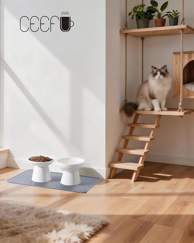 CEEFU 2 Elevated Ceramic Cat Bowls Upgraded with Food Mat for Food & Water | Extra Wide – Whisker Fatigue Shallow Food Dish, Lead & Cadmium-Free, Raised Height for Cats, White