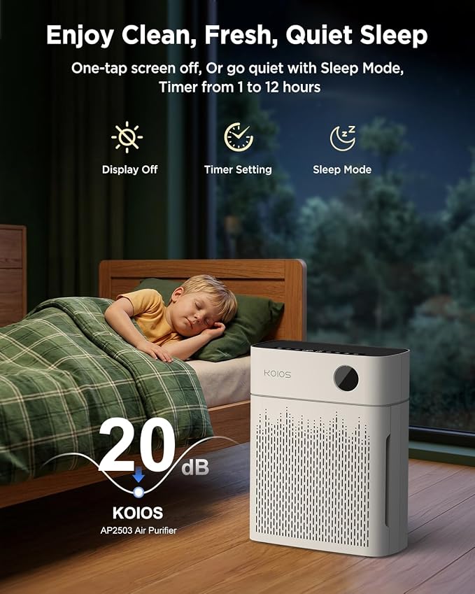 KOIOS H13 True HEPA Air Purifier for Home Bedroom 2500 sq ft, Carbon Filter | PM2.5 AQI Display & Auto Mode, 20dB Sleep Mode, Washable Filter & Filter Reminder for Pet Hair, Odors, Dust, Smoke, AP2503