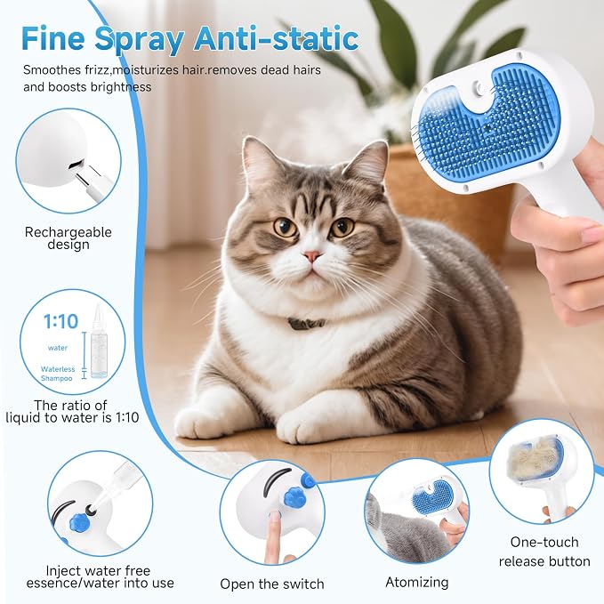 Pet Steam Brush for Dogs & Cats, 3-in-1 Shedding Grooming Tool | Self Cleaning Spray Comb with Mist, Dog Brush for Shedding, Cat Brush for Hair Removal, Long Haired Pet, Waterless Shampoo