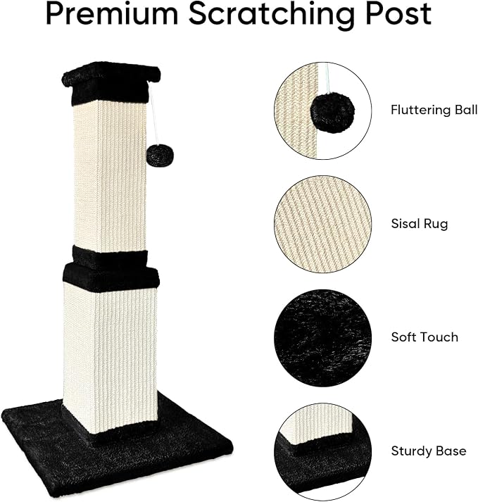 Cat Scratching Post for Indoor Cats, 32Inch Sisal Cat Scratcher | Wide Stable Base, Full-Body Stretching Cat Scratch Post, Heavy Duty Post for Cat Adults to Protect Furniture, Black and White