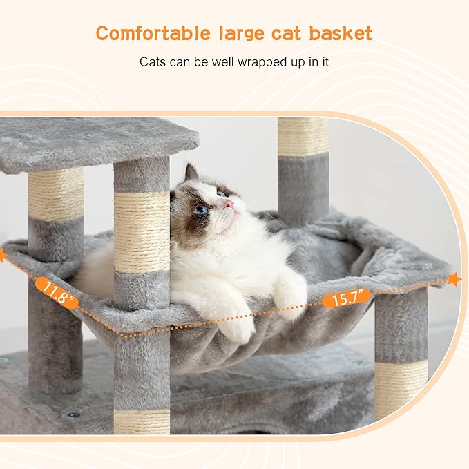Heybly Cat Tree, Kitten Tower with Large Soft Cat Basket HCT008SW | Cat Condo with Spacious Cat Bed Cave with Hidden Space, Sisal Scratching Posts, Dangling Ball for Indoor Cats, Light Gray