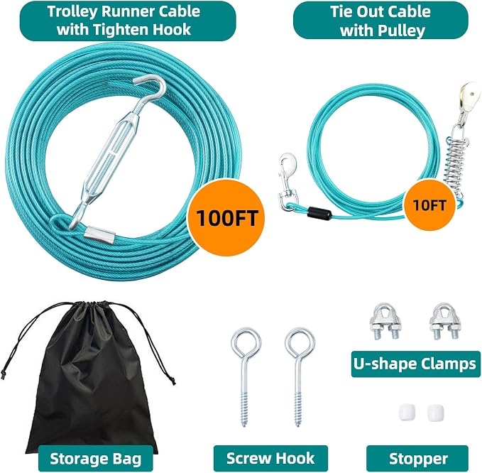 Dog Runner for Yard, Trolley System, 100FT+10FT, Blue | Chew-resistant Cable, Shock Spring Softens Pulls, 360° Swivel Reduce Tangles