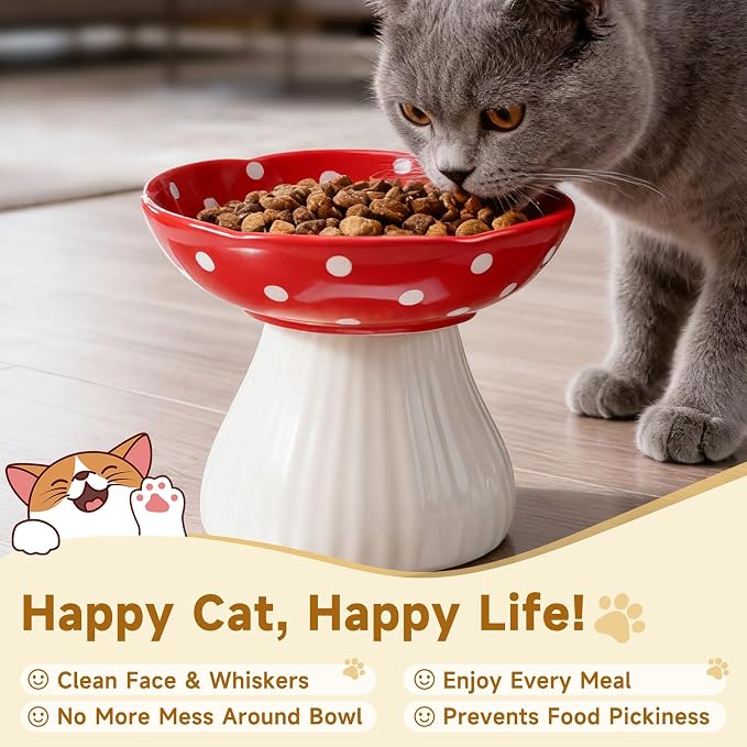 Mushroom Cat Bowl-Whisker Fatigue Cat Bowl,Cute Cat Bowls,Elevated Cat Food Bowl, Lead & Cadmium Free Ceramic Cat Bowls for Food and Water.(Yellow)