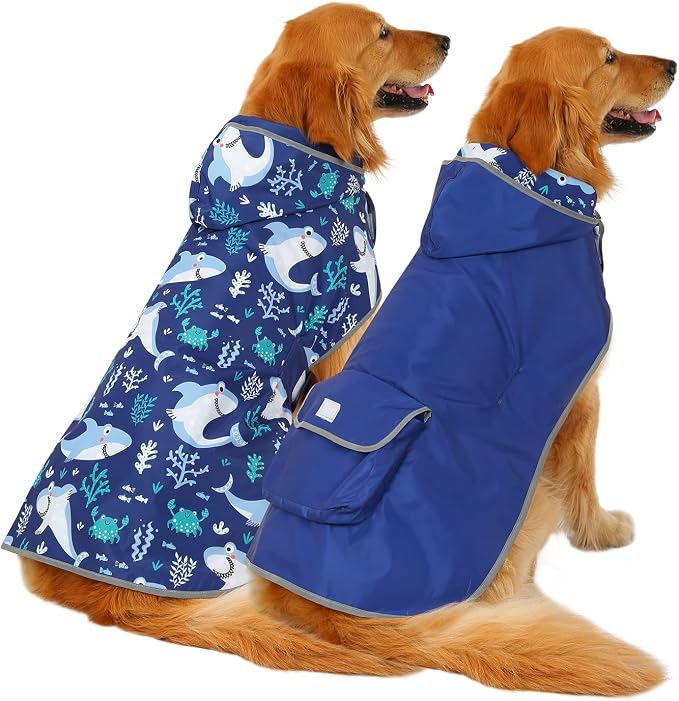 HDE Reversible Hooded Dog Raincoat Slicker Poncho for Small Medium Large Dogs - Sharks - 3XL - Nylon, Polyester