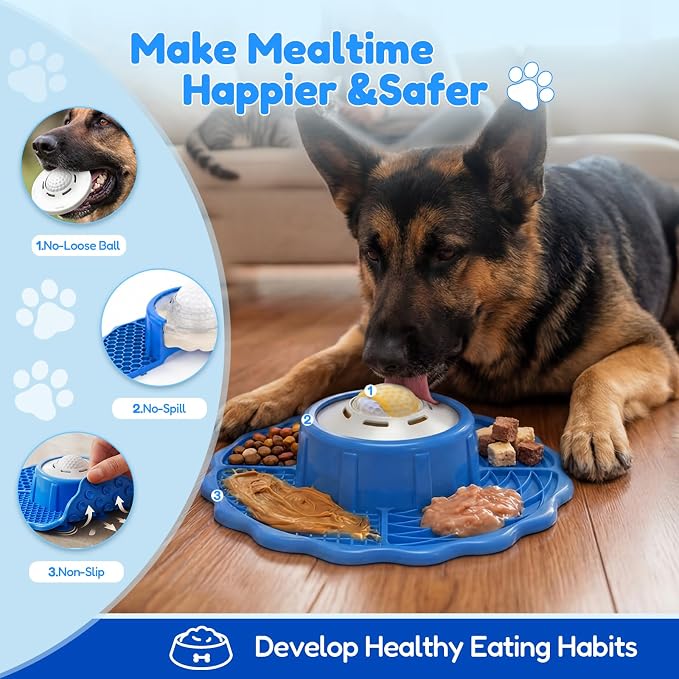 Slow Feeder Dog Bowls with Lick Mat & Rolling Lick Ball, Enrichment Toys | 10oz. 3-in-1 Feeder. Leak-proof, Non-slip. Interactive Play. Slow eating. Liquid, Thick Treats & Kibble, Food-grade Silicone
