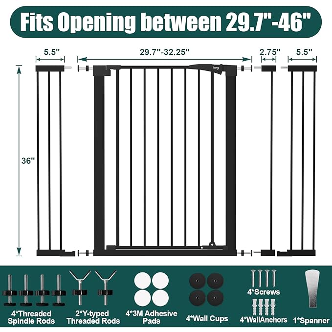 keny 36" Extra Tall Baby Gate for Doorways, Fits 29.7" to 46" Openings | Auto Close Pressured Mounted Dog Gate for Stairs, No Drilling Easy Install Pet Gate, Black