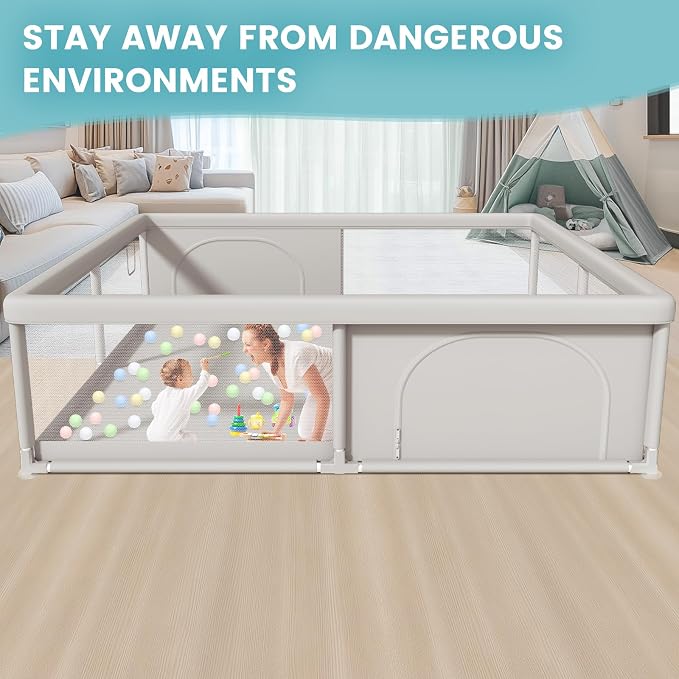 Hiaksedt 79x79 Inch Baby Playpen for Babies and Toddlers | Extra Large Play Yards for Indoor & Outdoor with Zipper Gates, Breathable Mesh with Anti-Slip Base