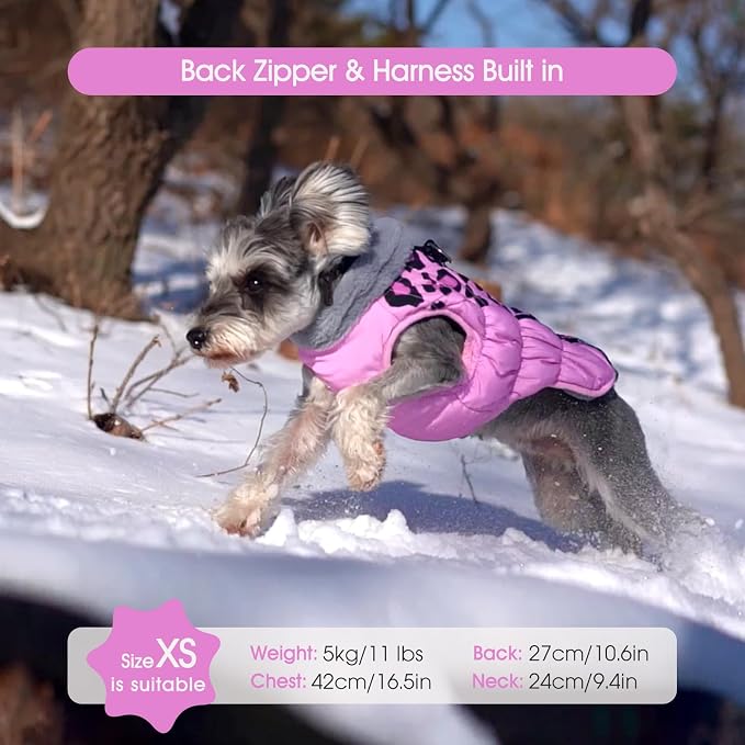 FUAMEY Dog Jacket for Large Dogs Warm Dog Jackets with Harness Built in | Dog Winter Jacket Cold Weather Snow Puppy Vest Water-Resistant Zip up Dog Fleece Jackets High Visibility Pink Leopard L