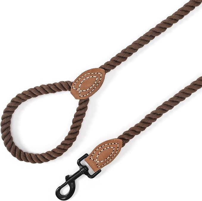 Mile High Life Dog Leash Braided Cotton Rope with Leather-Reinforced Ends | Rust-proof 360° swivel clasp, Heavy-duty for medium/large dogs. Great for weddings, daily walks (6 FT, 1/2", Dark Brown)
