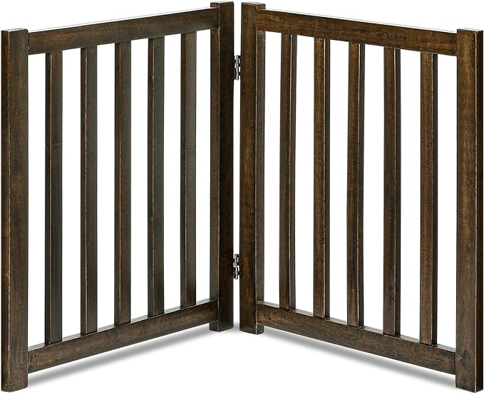 LZRS Wooden Free Standing Foldable Dog Gate Indoor – Solid Hard Wood 40" W x 24" H, Step-Over Safety Pet Gate for Doorways, Stairs & Small Spaces - Indoor Use, Walnut