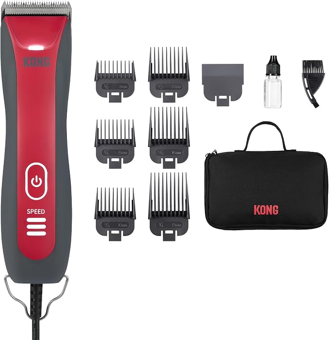 Kong 3-Speed Dog Clipper Grooming Kit – Stainless Steel Blade, Waterproof, LED Spotlight, 6 Guide Combs, 10-Foot Cord, Ergonomic Handle – Red/Gray, All Coat Types