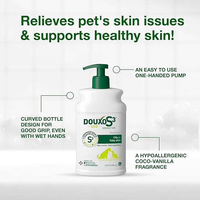Douxo S3 SEB Dog Seboregulating Shampoo, 0.5% Ophytrium, 16.9 fl oz | Seborrhea Treatment for Dogs & Cats, Helps Control Dandruff, Unpleasant Odors & Oily/Flaky Skin, 0.5% Ophytrium, 16.9 fl oz