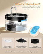 Cat Water Fountain Pet Fountain: 67oz/2L Cat Water Dispenser - Black Pet Dispenser - Faucet Dog Bowl - with 6 Filters + 3 Sponges - GIOTOHUN