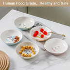 Ceramic Cat Bowls Set - 5.7 inch Wide Cat Food Bowls Whisker Fatigue Friendly, 5 Colorful Kitten Dish Plates with Cute Pattern for Wet and Dry Food Water