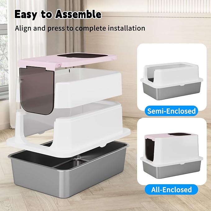 RIZZARI Stainless Enclosed Litter Box: with Scoop & Odor Control | 304 Stainless Basin / Wide Top Opening / Privacy Enclosure / Top & Swing Dual Entry / Anti-Leakage Raised Rim