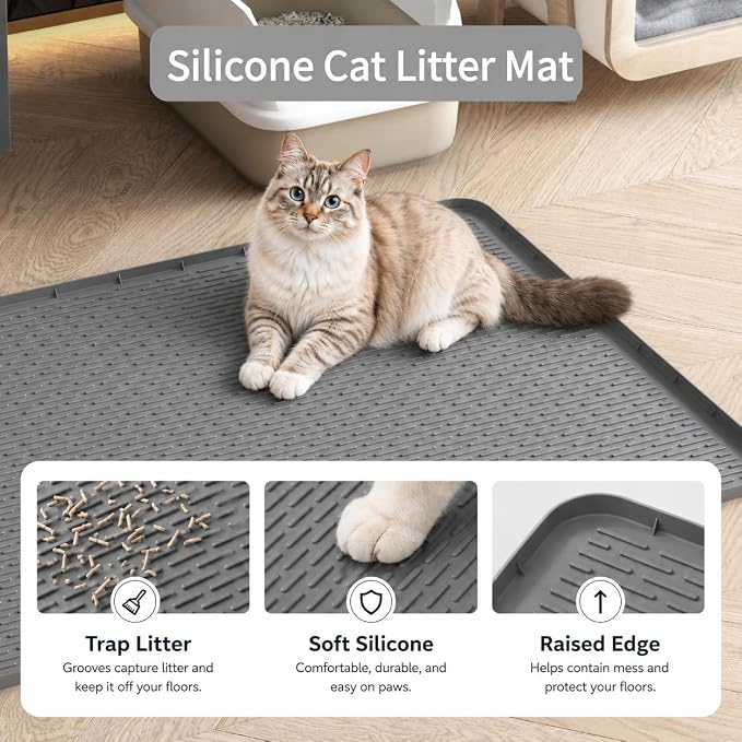 Cat Litter Mat 40"x28", Silicone Waterproof Litter Box Mat, Non-Slip Litter Trapping Mat for Cats, Easy Clean Foldable, Dark Gray