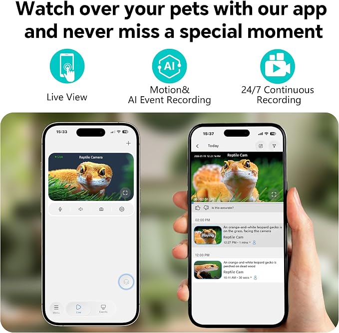3MP 2K AI Reptile Aquarium Camera, Close-Focus Lens for Fish Tank Terrarium | Angle Magnetic Mount, Dual-Band Wi-Fi 2.4 GHz/5 GHz, 24/7 Recording, Anti-Glare and No Reflection, for Lizards and Snakes