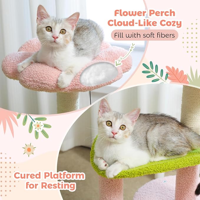 PAWZ Road Flower Cat Tree 32" Small Cat Tower with Curved Perch Bed | Colorful Cat Tower with Cozy Condo, Curved Perch,Toy Balls & Sisal Scratching Post,Small Cat Tower for Small Cats & kittens
