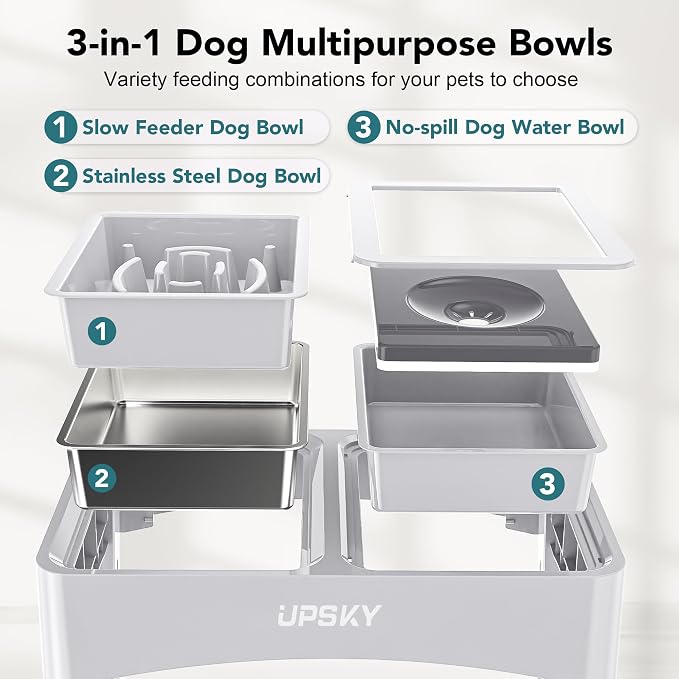 UPSKY 3-in-1 Elevated Dog Bowls: Slow Feeder, Adjustable Stand, No Spill Dispenser - Stainless Steel Food & Water Bowl for Small to Medium Dogs, White