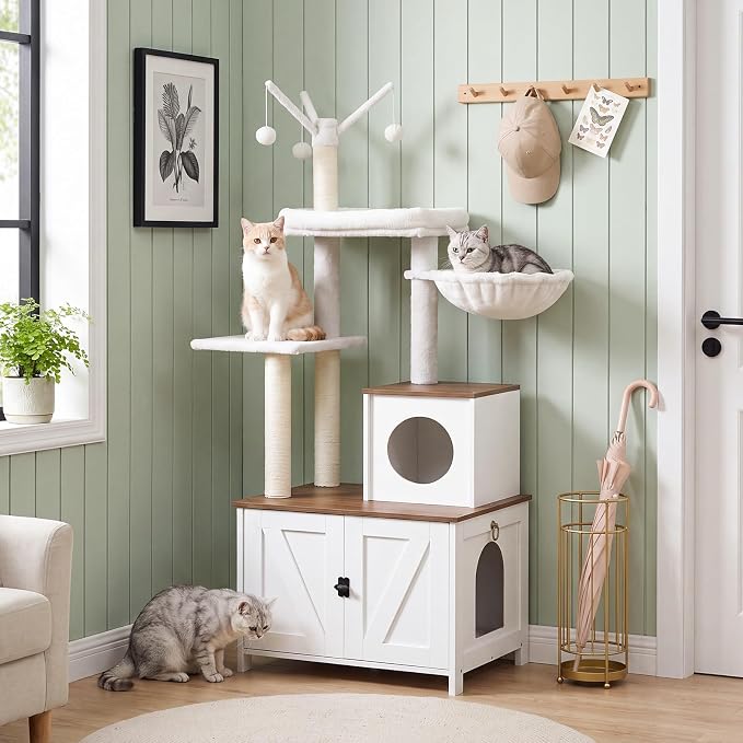HOOBRO Cat Tree with Litter Box Enclosure for Indoor, 59 Inch Modern Cat Tower with Scratching Posts, Wooden Cat Condo, Hidden Litter Box Furniture, All-in-One Cat House, White and Walnut WH15MZ03