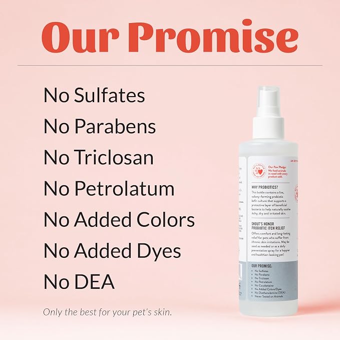 SKOUT'S HONOR Probiotic Itch Relief Spray for Dogs, 8 oz | Natural, Vegan, Non-Medicated Microbiome-Friendly Formula for Long-Lasting Relief, with Soothing Aloe and Avocado Oil