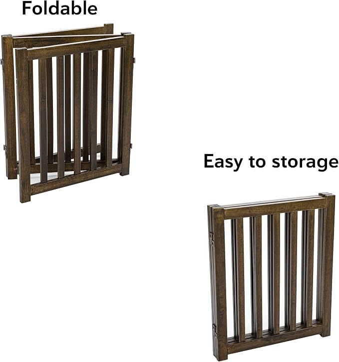 LZRS Wooden Free Standing Dog Gate 60" W x 24" H, Foldable Solid Hardwood Pet Safety Fence for House Doorways, Stairs, Hallways, Step-Over Pet Barrier, No Drill Easy Setup,Walnut