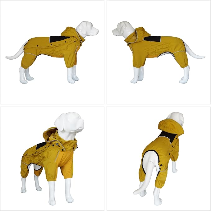 LOVELONGLONG Fleece-Lined Dog Raincoat with Removable Hood – Waterproof Winter Full Body Dog Jacket – Windproof Snowproof Cold-Weather Suit – Yellow-F 3XL