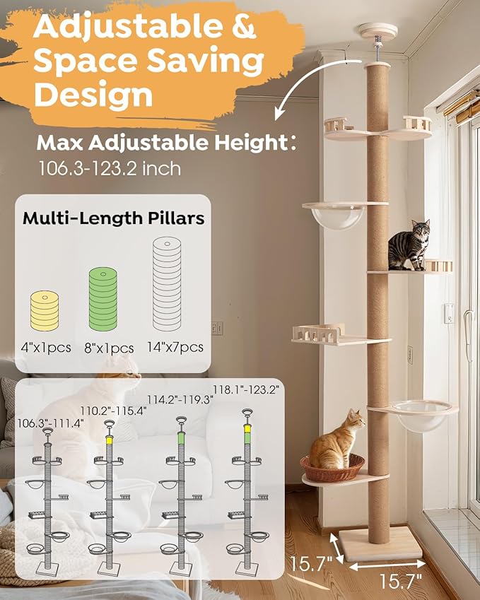 Veehoo Floor to Ceiling Cat Tree,106-123" Adjustable Tall Tension Cat Tower | 4.5" Sturdy Thickened Scratching Posts, Space-Saving, 7 Tier Climbing Pole, No Drilling, Corner Tree for Indoor Cat, Wood