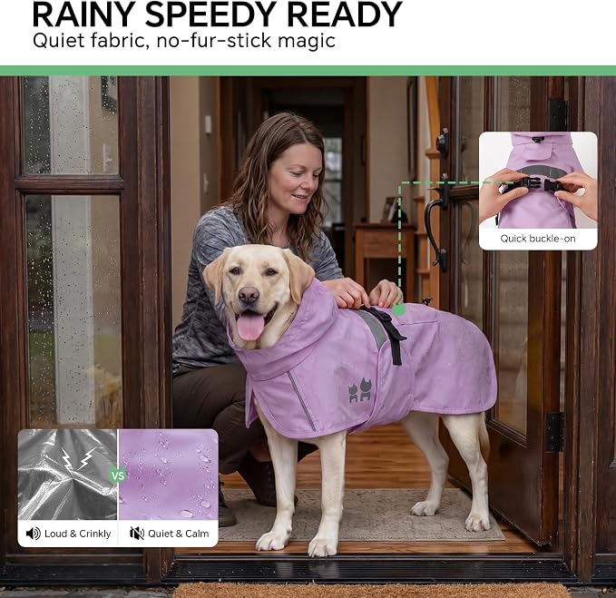 Luciphia Dog Raincoat, Adjustable Hooded Reflective Jacket with Pocket | Purple XX-Large dog rain jacket with leash hole, buckle-on, non-stick fur. For daily walks.