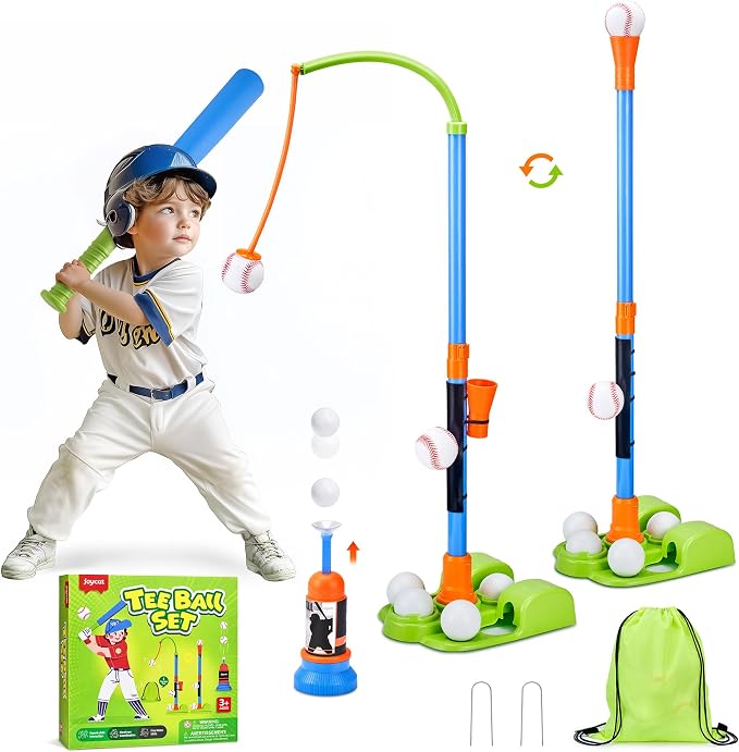JoyCat 3-in-1 T Ball Set for Kids 3-5,Toddler Baseball Set-T Ball Stand,Hanging Tee,Auto Launcher,6 Balls-Adjustable Height Sports&Outdoor/Indoor Toys for 3 4 5 6 7 8 Year Old Boy Girl Birthday Gift | Adjustable stand switches among tee, hanging-ball a...