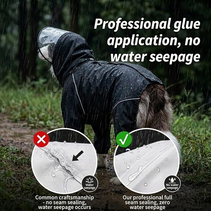 Dog Raincoat for Medium Large Dogs,rain Jacket Coat, Full Leg Coverage Waterproof Rain Suit with Detachable Hood & Tail, Reflective Strips, Snag-Free Top Zipper (Black for Boy, XX-Small)