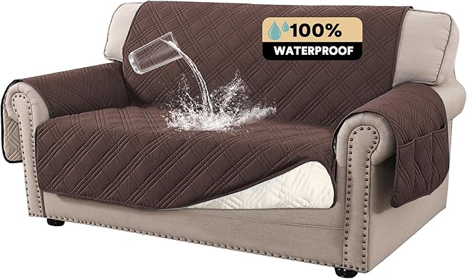 100% Waterproof Loveseat Covers for 2 Cushion Couch Sofa Covers Waterproof and Washable Sofa Slipcover with Side Pocket Furniture Protector with Elastic Straps(Loveseat 48", Brown)