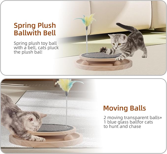 Natural Sisal Round Cat Scratcher with Ball Track Toy | Interactive, For Indoor Cats, Chasing Hunting Exercise, Mental Physical Puzzle, Kitten Toys