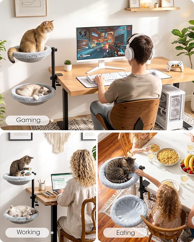 2-Tier Cat Desk Bed, Purrlato Lockable 360° Swivel, Steel Frame, 15.7-Inch | for Large Cats, Adjustable Clamp 0.5-3", Dual-Sided Cushion, 11-14" Height, No-Drill Mount, Machine Washable, Anti-Slip Base
