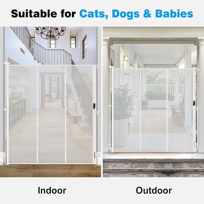 Reinforced 65" Extra Tall Baby Gate for Doorway, Jump-Resistant & Prevent Crawling Underneath Retractable Dog Gates Extra Tall, 0-55" W Retractable Pet Gate for Pet, Dogs, Cats, Puppies, Babies, White