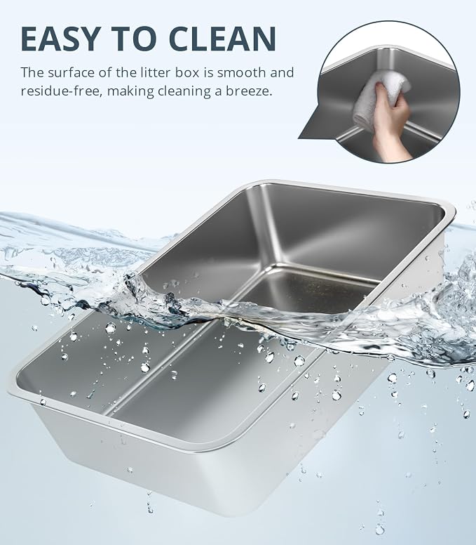 WENBOKMIN Stainless Steel Cat Litter Box - (19.5" L x 13.5" W x 4" H) | Non Slip, Easy to Clean, Never Absorbs Odor, Stains, or Rusts