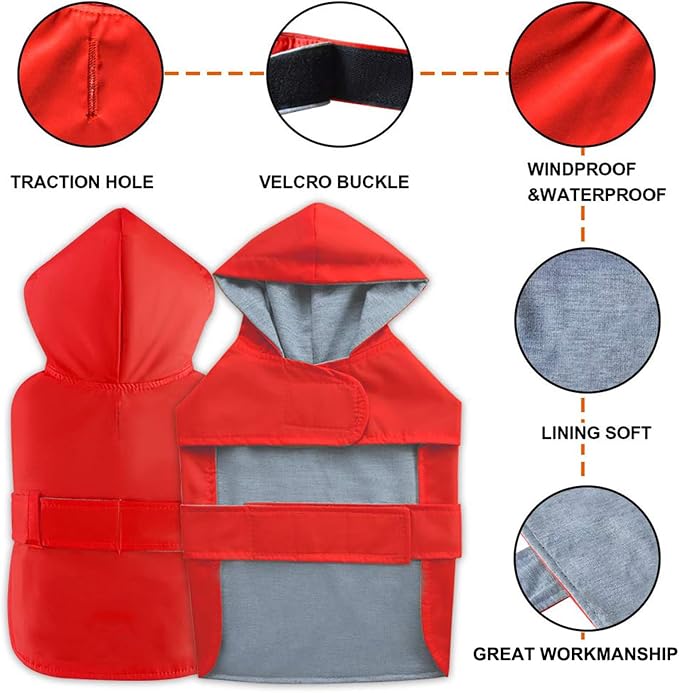 Dog Raincoat Dog Rain Jacket Hooded Poncho Waterproof Pet Rain Suit Double-Layered Breathable Lining Leash Hole Adjustable Puppy Small Medium Dogs,Red,XXL,Back Length 15-17.5 inches