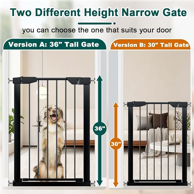 Fairy Baby 36" Tall Narrow Baby Gate 22.8"-25.5" Wide for Small Doorways | Narrow Pet Gate for Small Stairs, Auto-Close Pressure Mounted Metal Dog Gate, One-Hand Open Safety Child Gate No Drill, Black