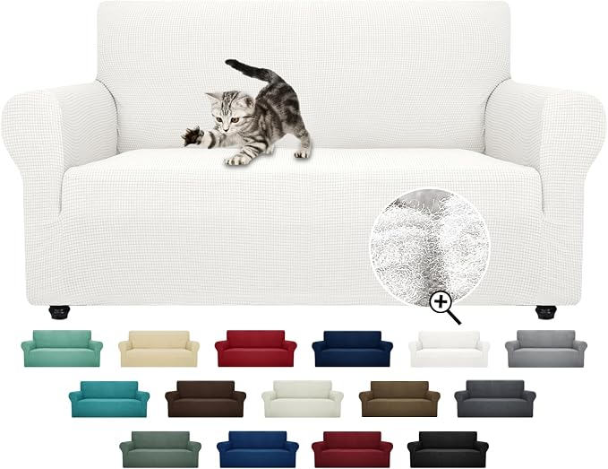 ZNSAYOTX Super Stretch Couch Cover Love Seat Sofa Covers for Living Room Dogs Pet Friendly Furniture Protector Spandex Loveseat Slipcovers with Anti Slip Foam Sticks (White, Loveseat)